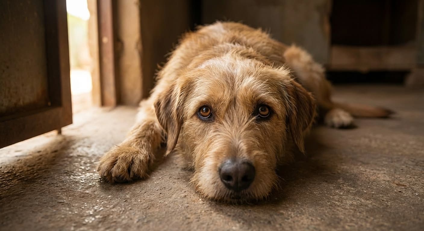 Perro rescatado mirando a cámara esperando ayuda