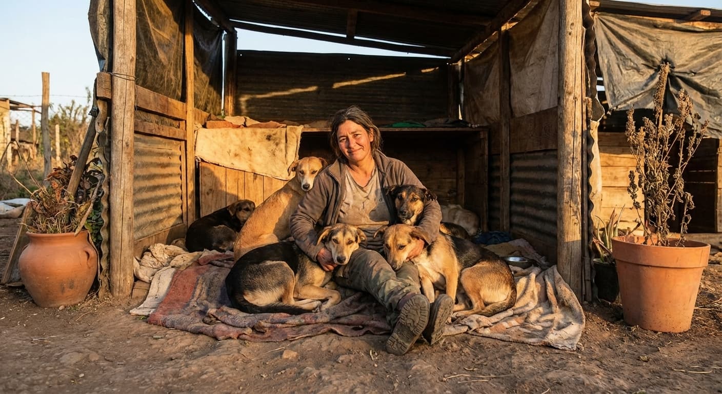 Voluntaria rodeada de perros rescatados en un refugio